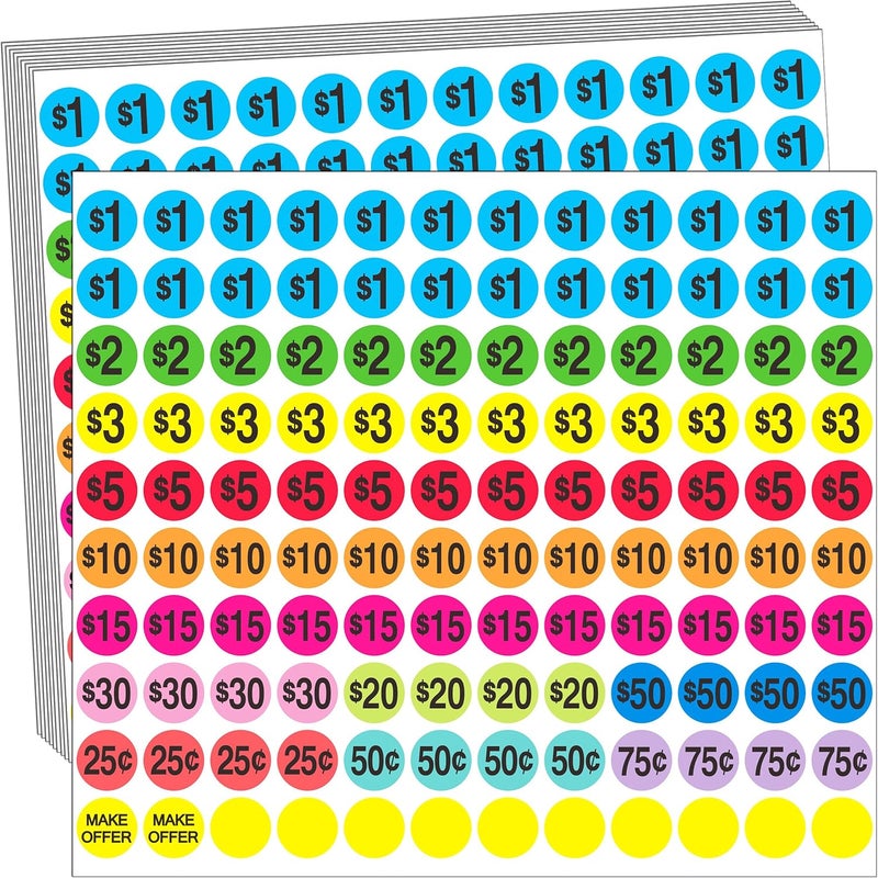 YSHIHE Garage Sale Price Stickers, 2040 Pieces Yard Sales Sticker 3/4 Inch Round Price Tags Labels, Multiple Denominations, Bright Colors - Image 1